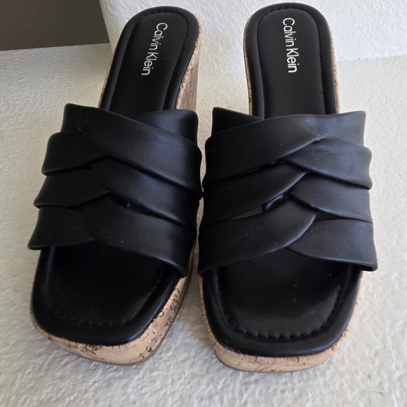 Calvin Klein Kcheyla Black Cork Wedge Mules - Picture 2 of 6